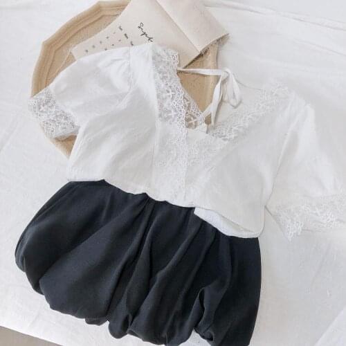 Summer Girls' Clothes Sets V-Neck Lace Short-Sleeved Baby Shirt+ Lantern Pumpkin Shorts Toddler Baby Kids Childrens Clothing