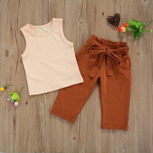 Summer Toddler Clothing 2pcs Kids Girls Solid Color Sleeveless Round Collar Vest Brown Ninth Pants with Belt Sets for 1-6Y