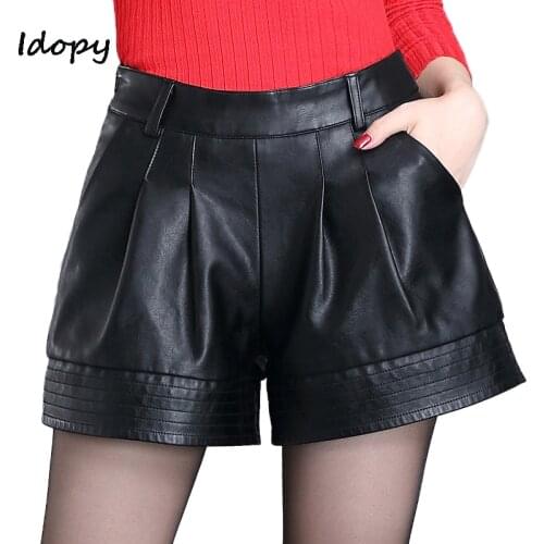 Idopy Fashion Womens PU leather Shorts Female Loose Fit Draped Sexy Shorts Night Club Mini Short Pants For Women