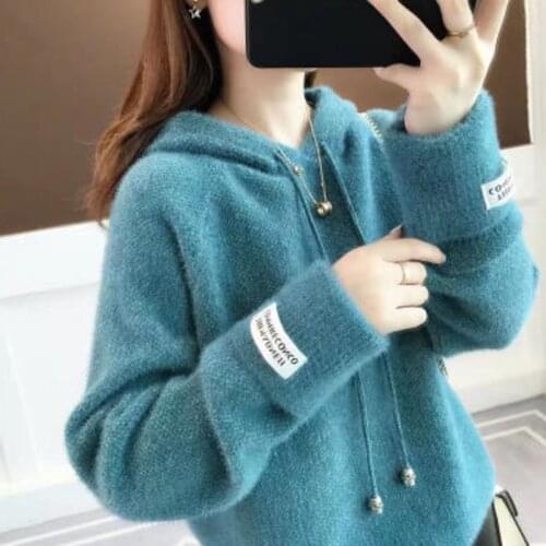 Fashion Autumn Winter Pullover Women Knitted Sweater 2020 New Loose Hooded Warm Blue Pink Clothes Female Jumper Casual Tops
