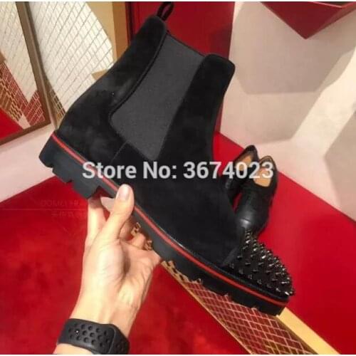 Qianruiti Sapatos Botas Men Spiked Chelsea Boots Elastic Band High Top Shoes Square Toe Low Heels Brand Ankle Boots Men Winter
