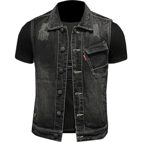 2021 Summer Retro Lapel Single Breasted Cotton Black Slim Denim Vest Coat Men Waistcoat Jean Jacket Motorcycle Gilet Homme