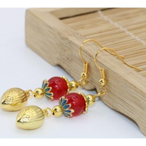 Original design red chalcedony stone gold-color cloisonne long dangle earring pierce drop earring women wedding party gift B2612