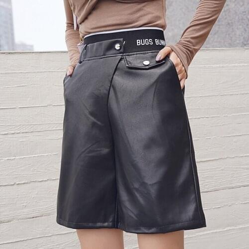 Autumn Winter High Waist Capris High Quality Eco-leather Knee Length Pants Women Straight Wed-leg Buttons Revits Streetwear