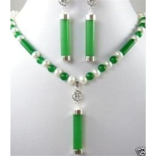 Prett Lovely Womens Wedding shipping>>Beautiful white pearl green gem earrings necklace Set Ms.-jewelry Natural boucle