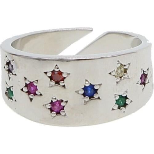 Dropshipping hip hop Women wide band rainbow colourful cz ring Engagement band mini star engraved fashion hiphop Rock jewelry