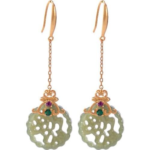 S925 sterling silver gold plated Hetian gray jade eardrops Chinese style Fu word hollow out womens earrings ear hooks