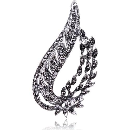 Vintage Gun Black Crystal Plant Brooches Wedding Bridal Jewelry Accessories Women Rhinestone Brooch Pins Leaf Hollow Jewelry