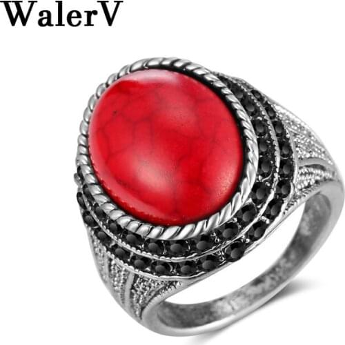 WalerV New Thai Ring for Women Set Retro Style Classic Stripes Oval Red Turquoises Rings Prom Party.Anniversary Ring Gift