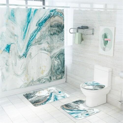 Cilected New Blue Marble Printed Shower Curtain Toilet Carpet Decor Home Bathroom Waterproof and Mildew-proof Hanging Curtain