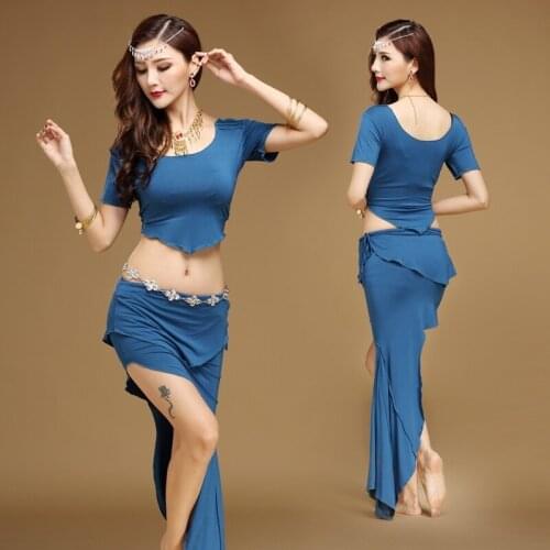 Womens Short Sleeve T-shirt Cropped Top Asymmetric Skirt Latin Belly Dance Two Pieces Stretch Dancewear Costume 903-A657