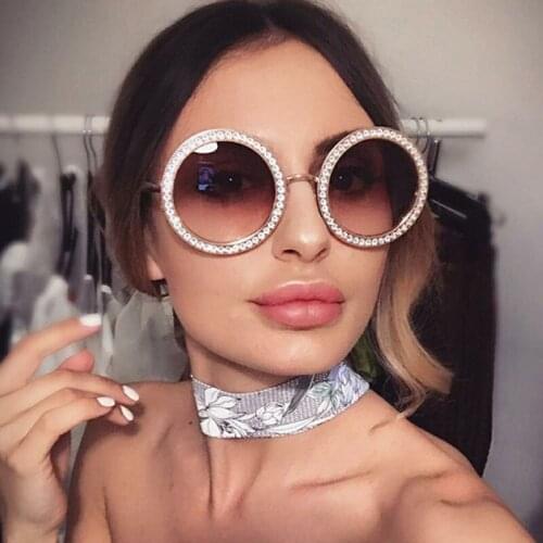 FEISHINI Trimming Metal Round Sunglasses Ladies Rhinestone 2021 Fashion Crystal Trendy Womens Glasses UV Protector Gradient Grey