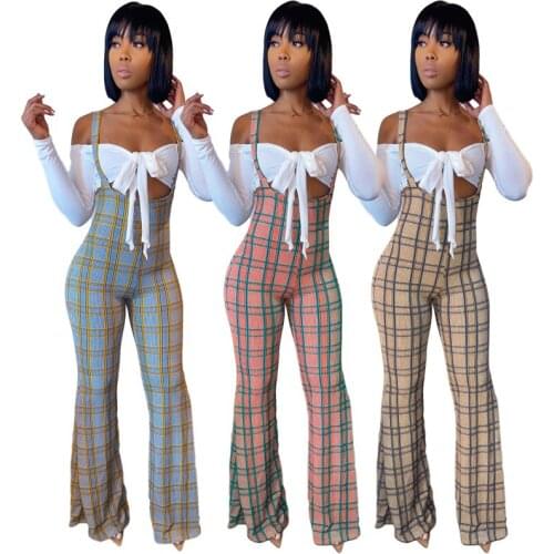 HIRIGIN 2020 Blouse Plaid Jumpsuit 2 Piece Womens Set Long Sleeve Bowknot Shirt Crop Top Romper Pants Autumn Flared Overalls