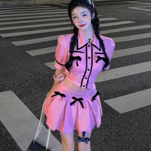 2021 Summer New Sweet Temperament French Bow Self-cultivation Suit High Waist JK Pleated Skirt Two-piece Female