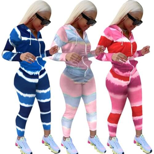 Echoine Women Active Wear Gradient Striped Print zipper Hoodies Tops Jogger Pants Suit Tracksuit Two Piece Set Fitness Outfit