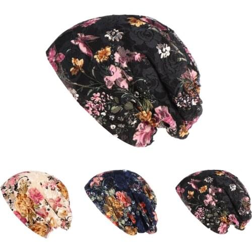 2020 Women Print Muslim Turban Caps India Hat Stretch Lace Hijab Scarf Ruffle Cancer Chemo Beanie Headscarf Hair Loss Head Wra