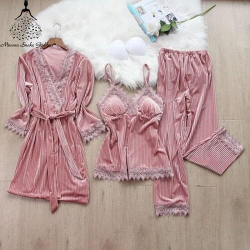 3pcs Gold Velvet Pajamas Set For Women Warm Pyjama Sexy Lace Pajamas Winter Sleepwear Nightdress Homewear Pijamas