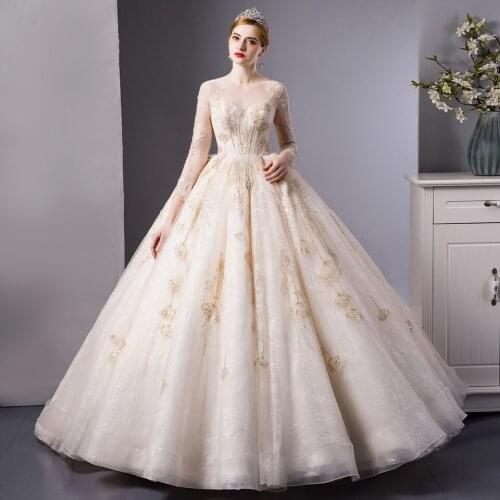 6103 vestido de fiesta de boda 2020 wedding dress long sleeve Gold lace apliques para laços vestidos novias boda sexy dress