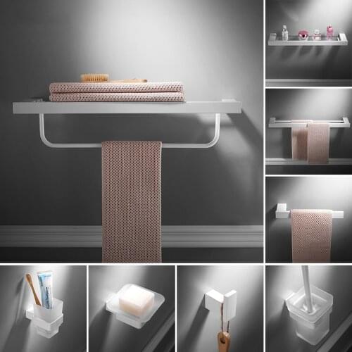 White Bathroom Hardware Accessories Set Square Robe Hook Double Rods Stainless Steel Soap Dish Wall Toilet Brush Roll Holder