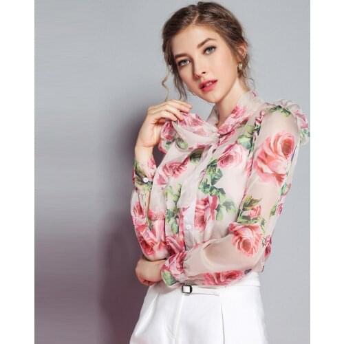 Ladies Luxury New Office Blouses Silk Full Sleeve Fashion Bow Rose Print High Quality With Lined Soft Autumn Top