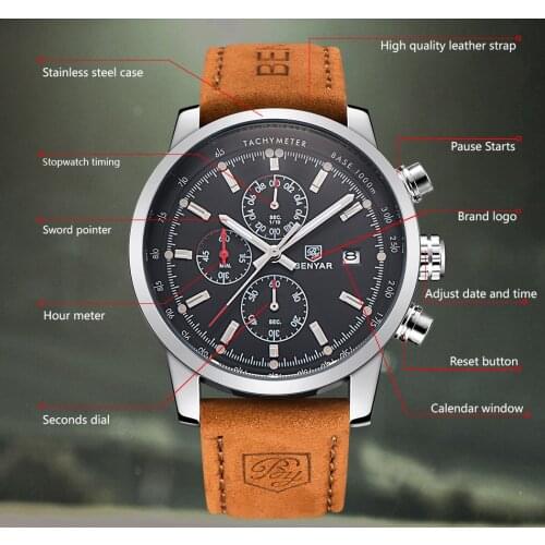 Mens Watch 2020 BENYAR Luxury Top Brand Quartz Watch Sport leather waterproof Watch chronograph military Watch Relogio Masculino