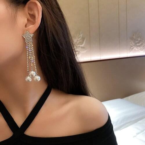 Elegant Delicate Rhinestone Pentagram Crystal Dangle Earrings for Women Long Tassel Pearls Pendant Earrings Luxury Jewelry