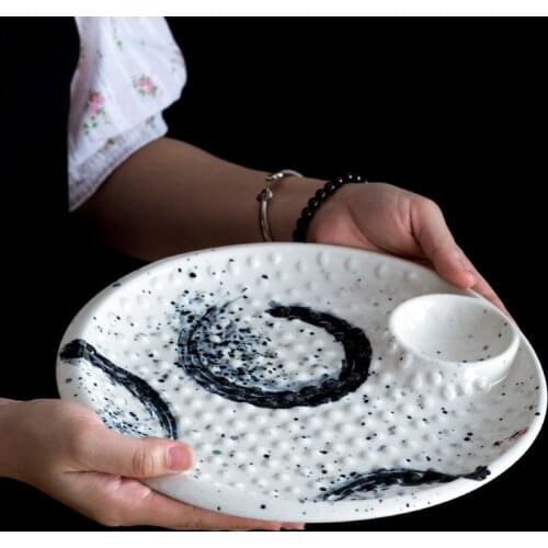 FANCITY Restaurant dumpling plate, ceramic disc with vinegar dish, creative dumpling dish, personality plate, round plate