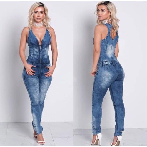 Denim Overalls Womens Jean Jumpsuits Washed Jeans Denim Casual Backless Rompers Zipper Deep V Neck Slim Fit One-piece Long Pants