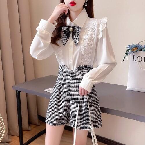 Two Piece Set Spring New Arrival Womens White Long Sleeve Top + High Waist Plaid Mini Pant Set Shorts Suits Ladies Clothing