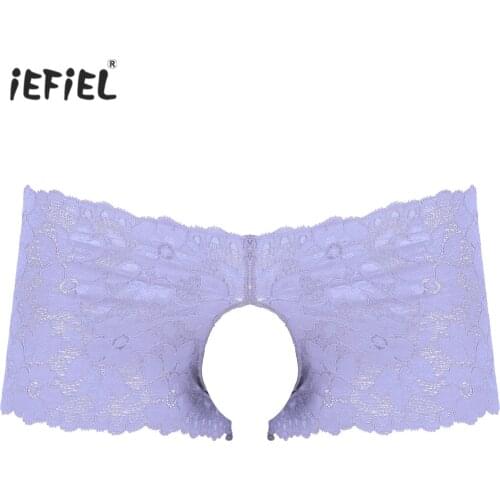 Mens Floral Lace Crotchless Underwear Sissy Panties Solid Color Hollow Out Underpants Plus Size Low Waist Boxers Lingerie Brief
