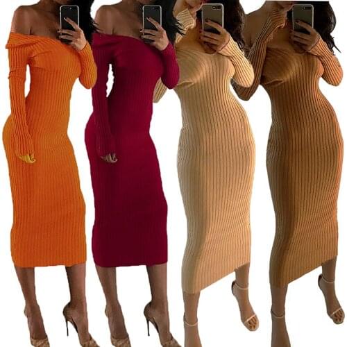 Big V-neck Strapless Women Dress Off Shoulder Autumn Party Sexy New Lady Dress Knit Cotton Long Sleeve Casual Fashion Streetwear