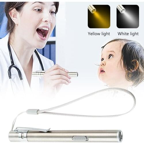 Portable USB Rechargeable white/yellow light Mini Torch Nursing Flashlight Stainless Steel Pen Clip Pocket for camping doctors