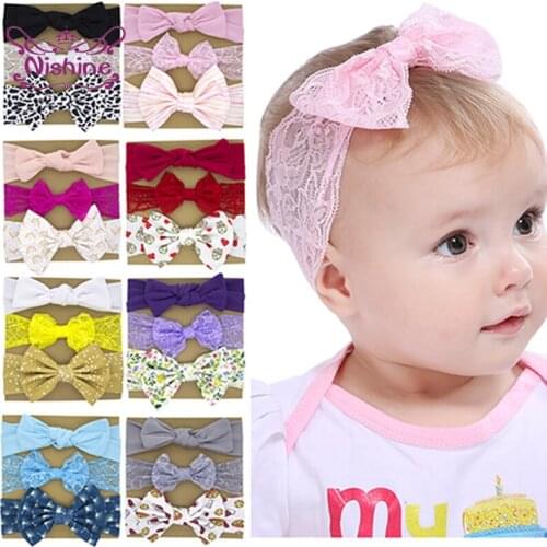Nishine 3pcs/lot Baby Girl Fashion Lace Headband Cute Cartoon Print Bowknot Infant Elastic Hairband Kids Accessories Photo Props
