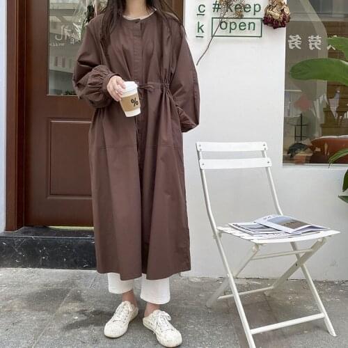 QPFJQD Ladies Loose Long Coats Cotton O-Neck Belt Solid Color Trench Spring Autumn Women Korean Style Windbreaker Full Sleeve