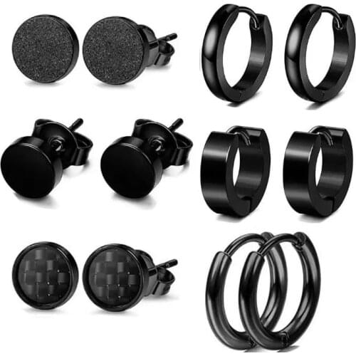 1Set/12pcs Multi Style Unisex Black Color Stainless Steel Hoop Stud Piercing Earring For Men Punk Gothic Barbell Earring
