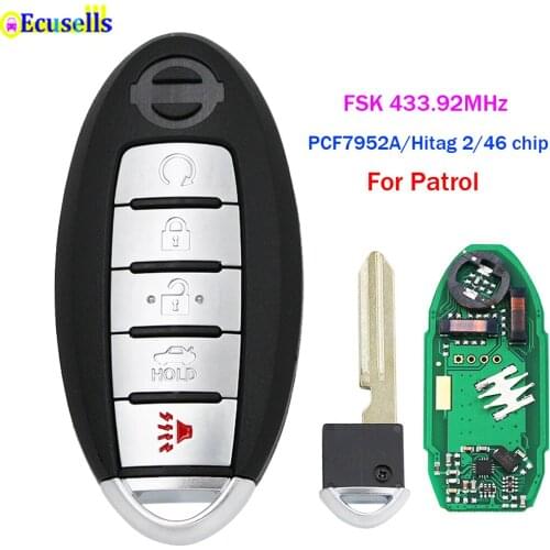 Smart remote key 4+1 button FSK 433MHz PCF7952LTT chip For Nissan Patrol with insert key blade 5 buttons