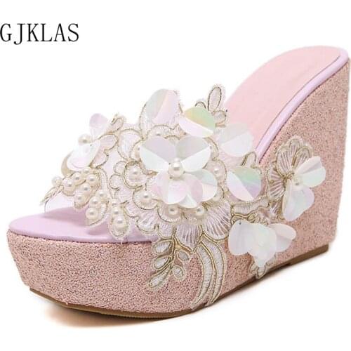 Transparent High Heels Wedges Platform Shoes for Women Slippers Flowers Fashion Woman Slipper Casuales Comfy Chunky Slippers