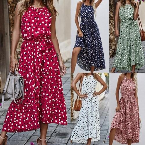 Vintage Boho Dress Womens Simple Casual Sexy Polka Dot Print Sleeveless O-neck Long Dress Beach Sundress Vestido De Mujer 40