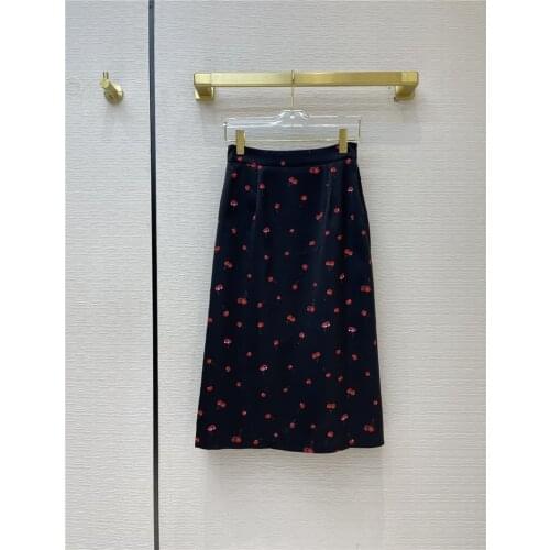 Sweet 2021 Spring Summer Skirts Women Luxury Brand New Cherry Printed High Waist A-line Casual Slim Zipper Long Skirt