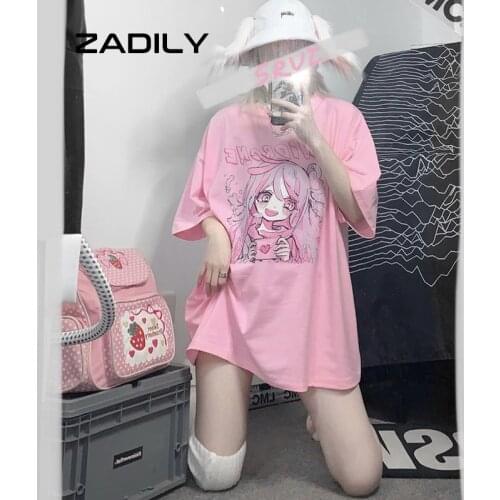 ZADILY Japan Kawaii Anime Print Pink Women Cotton T Shirt Y2K Oversize Cartoon Short Sleeve Ladies Top Tee 2021 Summer Clothing