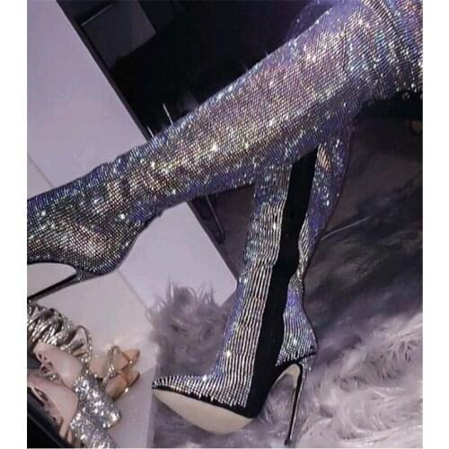 Women Luxurious Rhinestone Pointed Toe Over Knee Boots Thin Heel Bling Bling Crystal Thigh Boots Slim High Heel Long Boots Shoes
