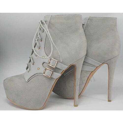 LAIGZEM Platform Ankle Boots High Heel Lace Up Gray Short Booties Winter Shoes Woman Ladies Zapatos Mujer Large Size 50 51 52