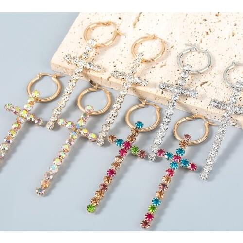 Fashion Metal Rhinestone Cross Earrings Womens Popular Retro Dangle Earrings Religious Party Accessories