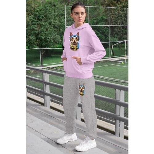 Angemiel Wear Kokoş Cat Women 'S Tracksuit Set Pink Hooded Sweatshirt Gray Sweatpants