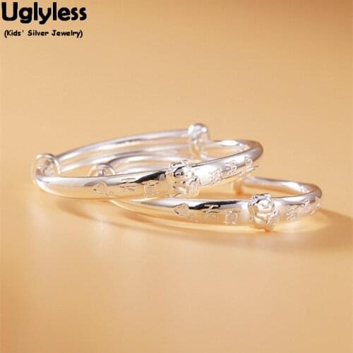 Uglyless 1pair Lucky Cats Adjustable Bangles for Boys Girls Push-pull Baby Bangles 99.9% Silver Traditional Kids Silver Jewelry