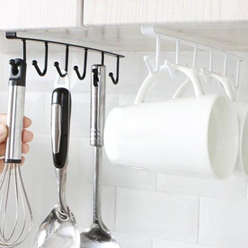 6 Hooks Double Row Iron Rack Wine Glass Holder Under Cabinet Rack Cupboard Mug Cup Drainer Hanging Shelf Home Kitchen Organizer