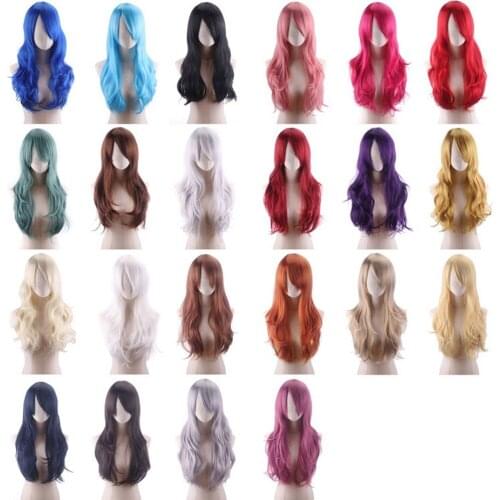 70cm Fashion Long Wavy Anime Cosplay Wig White Black Blue Red Pink Purple Blonde Synthetic Hair Halloween Party Wigs For Women
