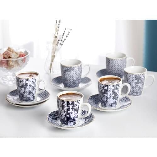 Fiore Porcelain 12 Piece Turkish Coffee Cup and Saucer Set 100ml Blue Espresso Afternoon Tea Milk Breakfast Ceramic Style Luxury