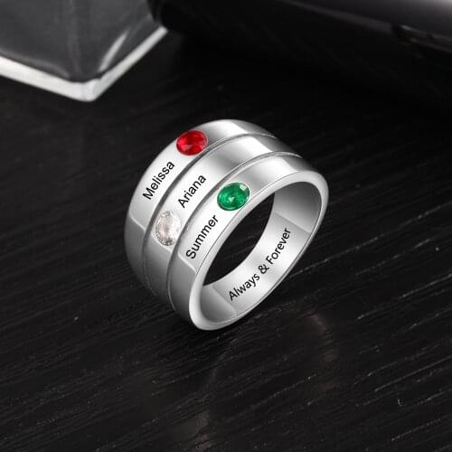 Personalized Stackable Rings With 3 Birthstones Custom Engraved Name Rings For Women Mom Family Anniversary Gifts