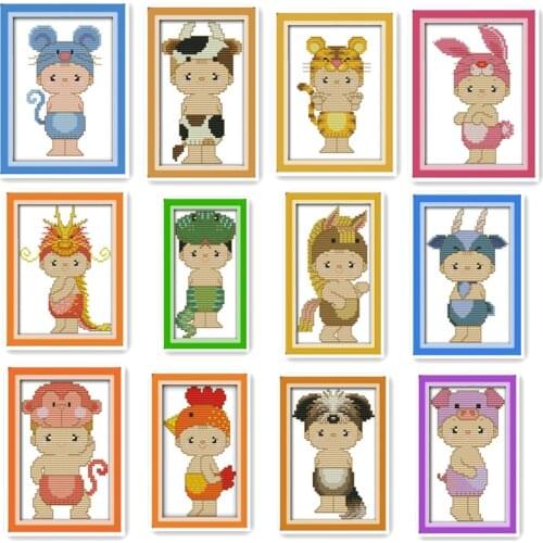 Cute Doll Chinese Zodiac China 11CT 14CT Cross Stitch Kit Small Size Simple Novice Student Children Handwork Embroidery Painting